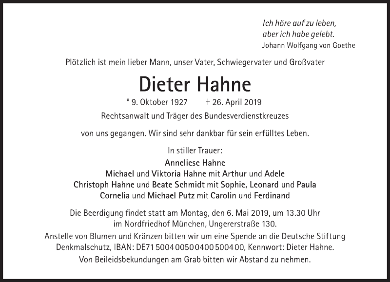  Traueranzeige für Dieter Hahne vom 04.05.2019 aus Süddeutsche Zeitung