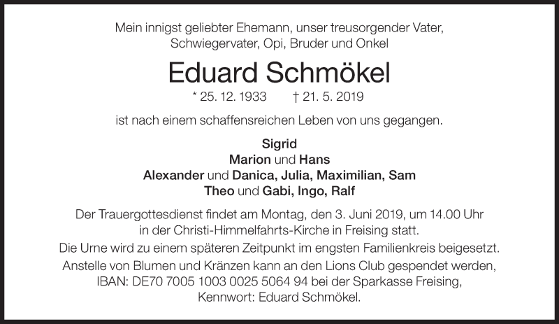  Traueranzeige für Eduard Schmökel vom 28.05.2019 aus Süddeutsche Zeitung