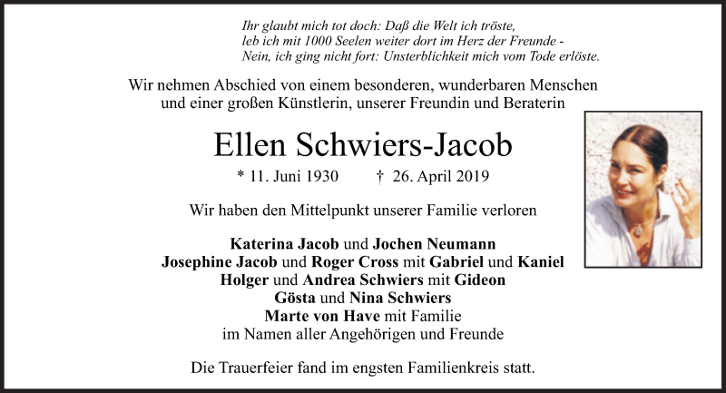  Traueranzeige für Ellen Schwiers vom 04.05.2019 aus Süddeutsche Zeitung