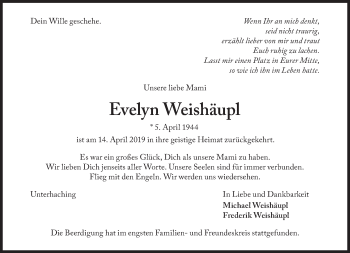 Traueranzeige von Evelyn Weishäupl von Süddeutsche Zeitung