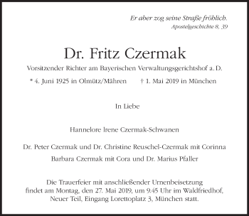 Traueranzeige von Fritz Czermak von Süddeutsche Zeitung
