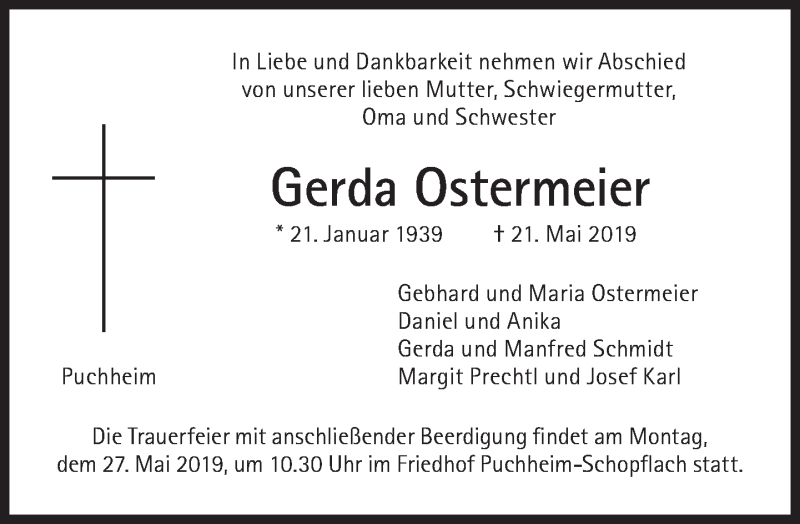  Traueranzeige für Gerda Ostermeier vom 25.05.2019 aus Süddeutsche Zeitung