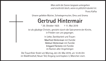 Traueranzeige von Gertrud Hintermair von Süddeutsche Zeitung