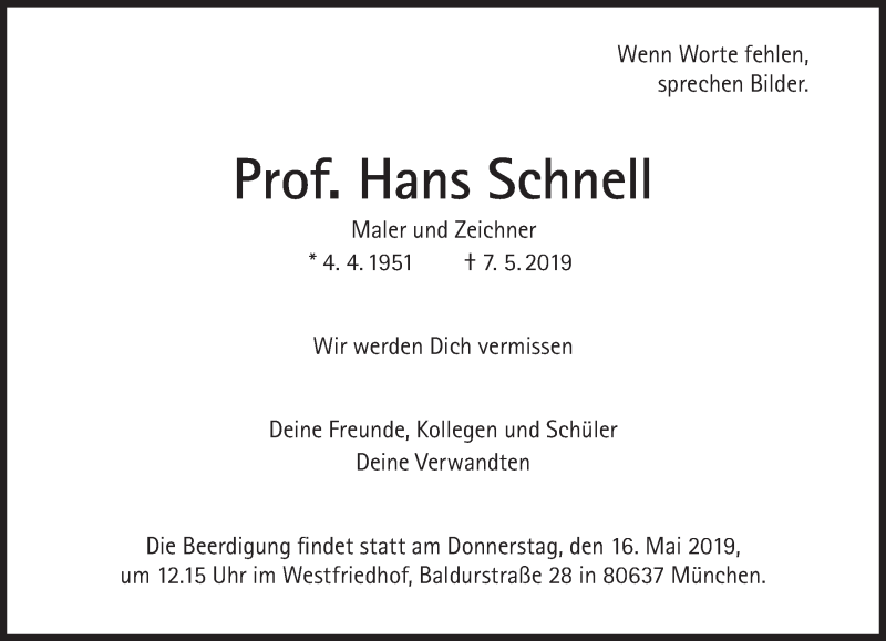  Traueranzeige für Hans Schnell vom 11.05.2019 aus Süddeutsche Zeitung
