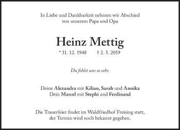 Traueranzeige von Heinz Mettig von Süddeutsche Zeitung