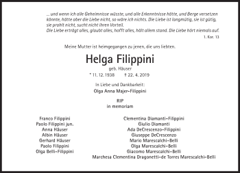 Traueranzeige von Helga Filippini von Süddeutsche Zeitung