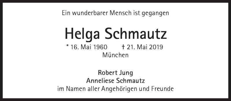  Traueranzeige für Helga Schmautz vom 25.05.2019 aus Süddeutsche Zeitung