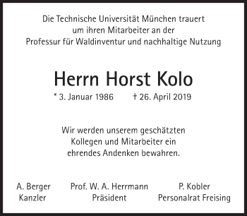 Traueranzeige von Horst Kolo von Süddeutsche Zeitung
