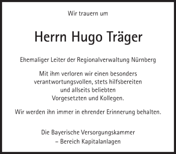 Traueranzeige von Hugo Träger von Süddeutsche Zeitung