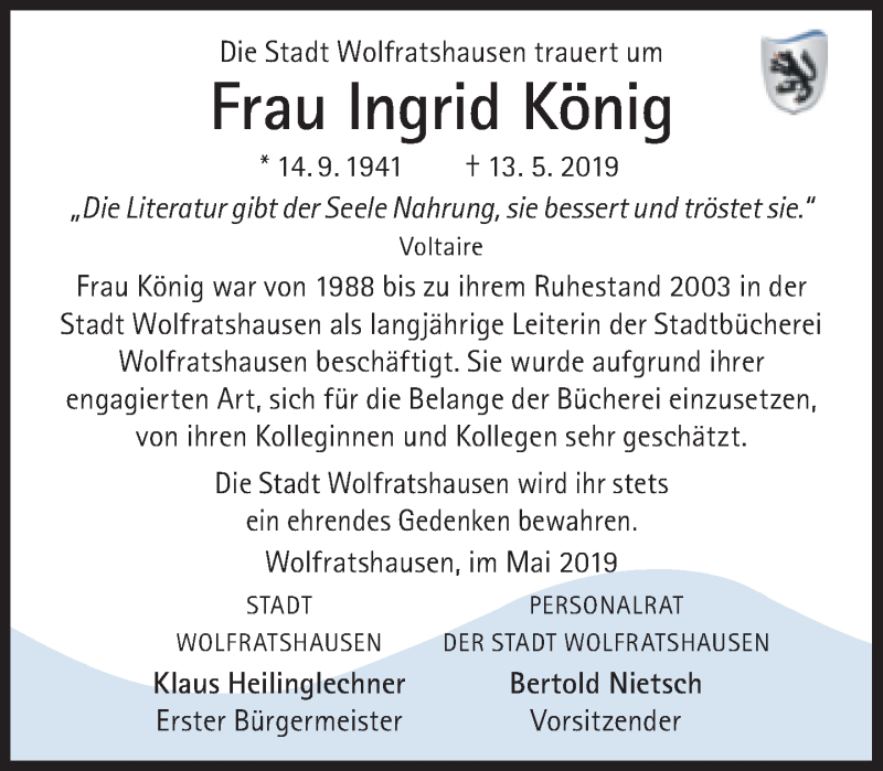  Traueranzeige für Ingrid König vom 24.05.2019 aus Süddeutsche Zeitung