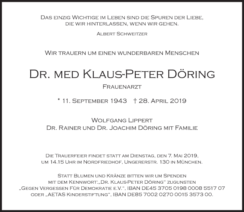  Traueranzeige für Klaus-Peter Döring vom 04.05.2019 aus Süddeutsche Zeitung