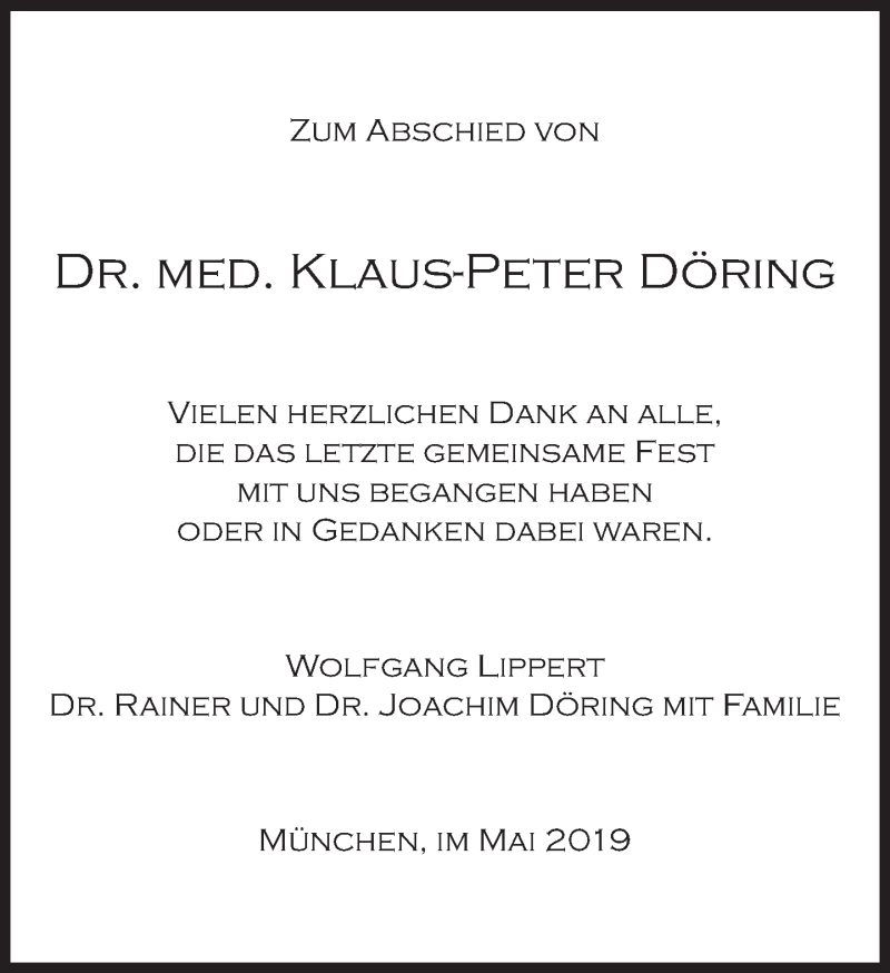  Traueranzeige für Klaus-Peter Döring vom 18.05.2019 aus Süddeutsche Zeitung