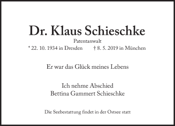 Traueranzeige von Klaus Schieschke von Süddeutsche Zeitung