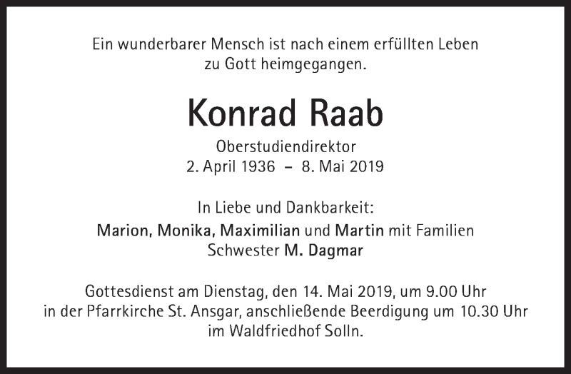  Traueranzeige für Konrad Raab vom 11.05.2019 aus Süddeutsche Zeitung
