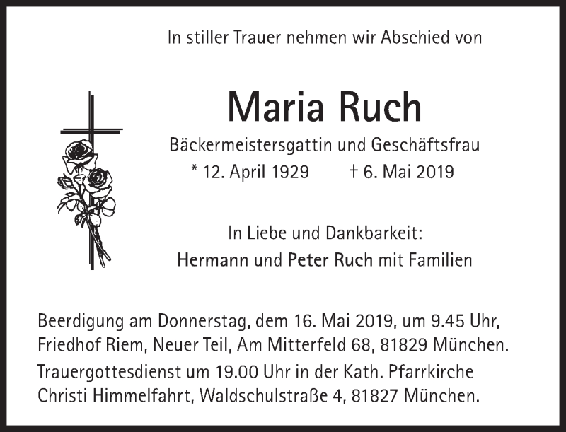  Traueranzeige für Maria Ruch vom 11.05.2019 aus Süddeutsche Zeitung