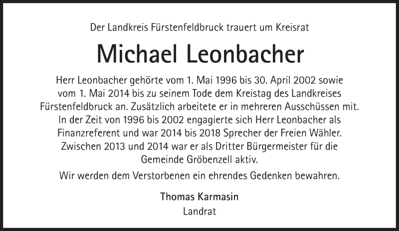 Traueranzeige für Michael Leonbacher vom 04.05.2019 aus Süddeutsche Zeitung