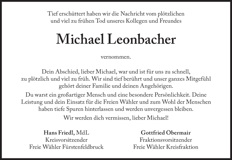  Traueranzeige für Michael Leonbacher vom 07.05.2019 aus Süddeutsche Zeitung