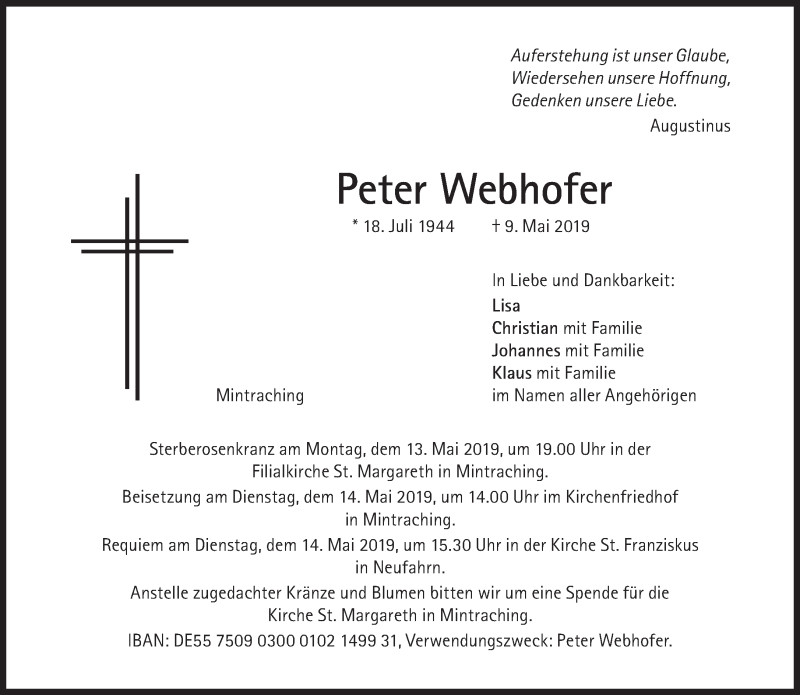  Traueranzeige für Peter Webhofer vom 11.05.2019 aus Süddeutsche Zeitung