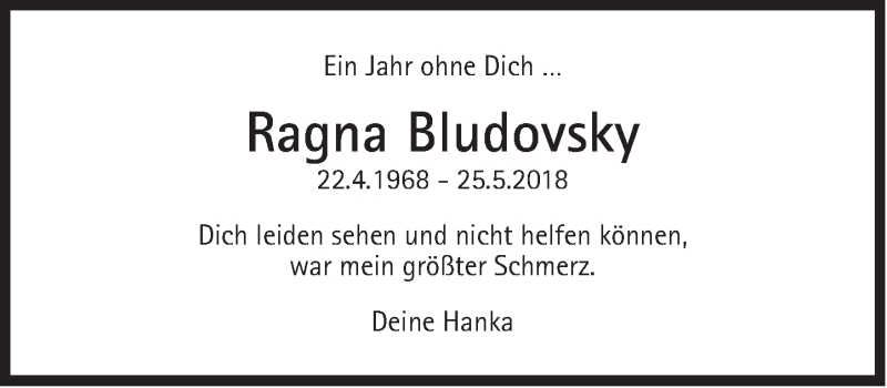  Traueranzeige für Ragna Bludovsky vom 24.05.2019 aus Süddeutsche Zeitung