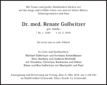 Traueranzeige von Renate Gollwitzer von Süddeutsche Zeitung