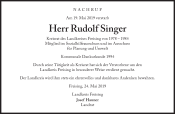 Traueranzeige von Rudolf Singer von Süddeutsche Zeitung