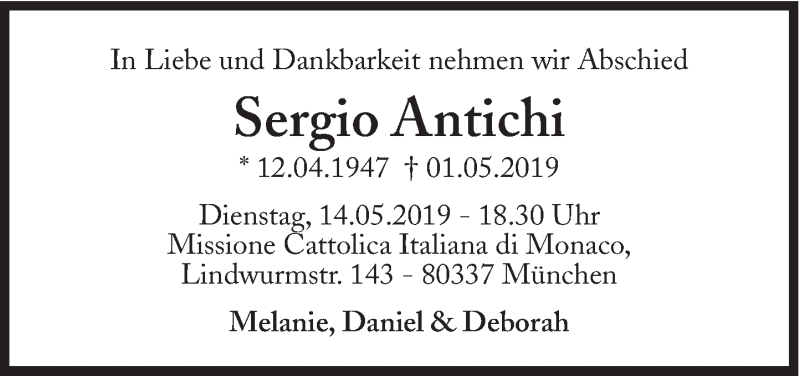  Traueranzeige für Sergio Antichi vom 11.05.2019 aus Süddeutsche Zeitung