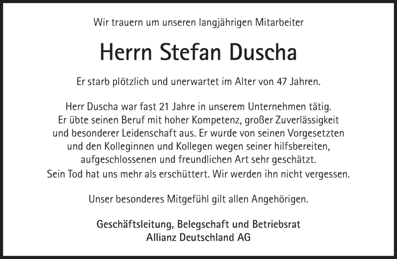  Traueranzeige für Stefan Duscha vom 03.05.2019 aus Süddeutsche Zeitung