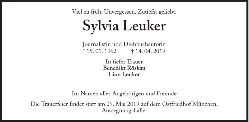  Traueranzeige für Sylvia Leuker vom 18.05.2019 aus Süddeutsche Zeitung