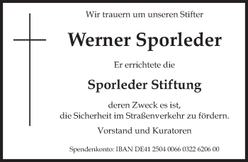 Traueranzeige von Werner Sporleder von Süddeutsche Zeitung