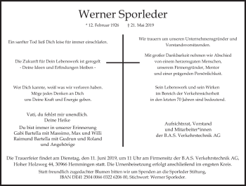 Traueranzeige von Werner Sporleder von Süddeutsche Zeitung