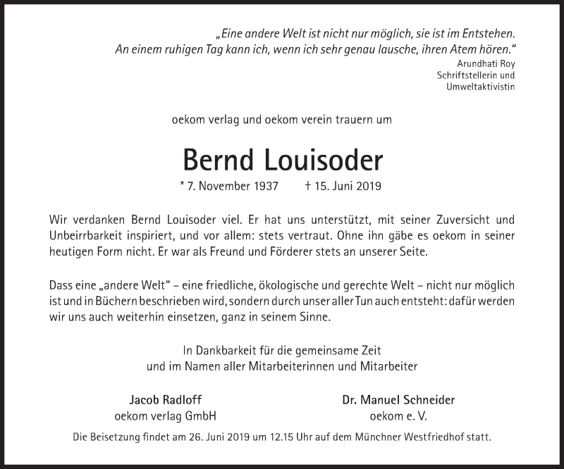  Traueranzeige für Bernd Louisoder vom 22.06.2019 aus Süddeutsche Zeitung