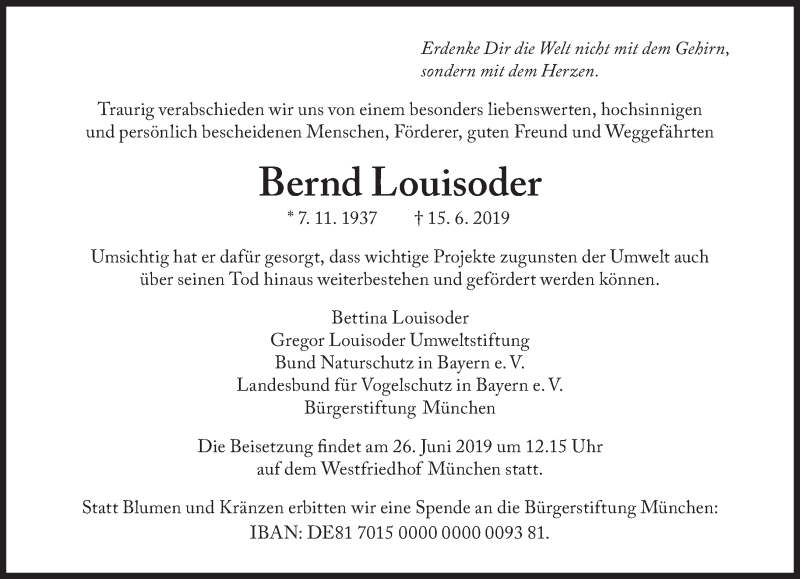  Traueranzeige für Bernd Louisoder vom 19.06.2019 aus Süddeutsche Zeitung