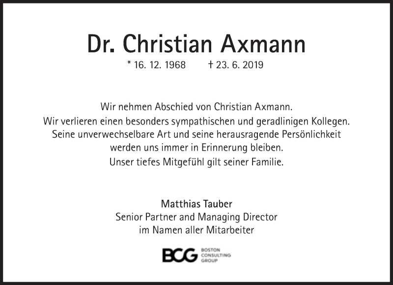  Traueranzeige für Christian Axmann vom 29.06.2019 aus Süddeutsche Zeitung