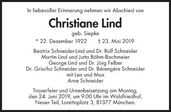 Traueranzeige von Christiane Lind von Süddeutsche Zeitung
