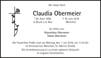 Traueranzeige von Claudia Obermeier von Süddeutsche Zeitung