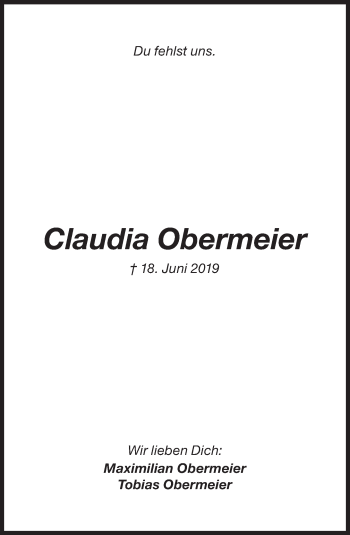 Traueranzeige von Claudia Obermeier von Süddeutsche Zeitung