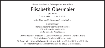 Traueranzeige von Elisabeth Obermaier von Süddeutsche Zeitung