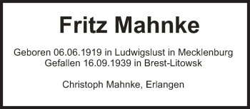 Traueranzeige von Fritz Mahnke von Süddeutsche Zeitung