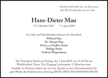 Traueranzeige von Hans-Dieter Mau von Süddeutsche Zeitung