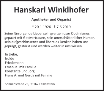Traueranzeige von Hanskarl Winklhofer von Süddeutsche Zeitung