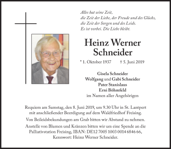 Traueranzeige von Heinz Werner Schneider von Süddeutsche Zeitung