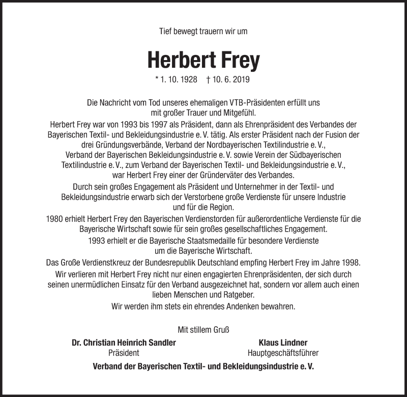  Traueranzeige für Herbert Frey vom 22.06.2019 aus Süddeutsche Zeitung