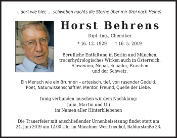 Traueranzeige von Horst Behrens von Süddeutsche Zeitung