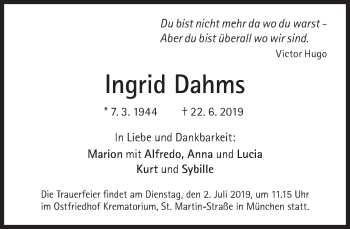 Traueranzeige von Ingrid Dahms von Süddeutsche Zeitung