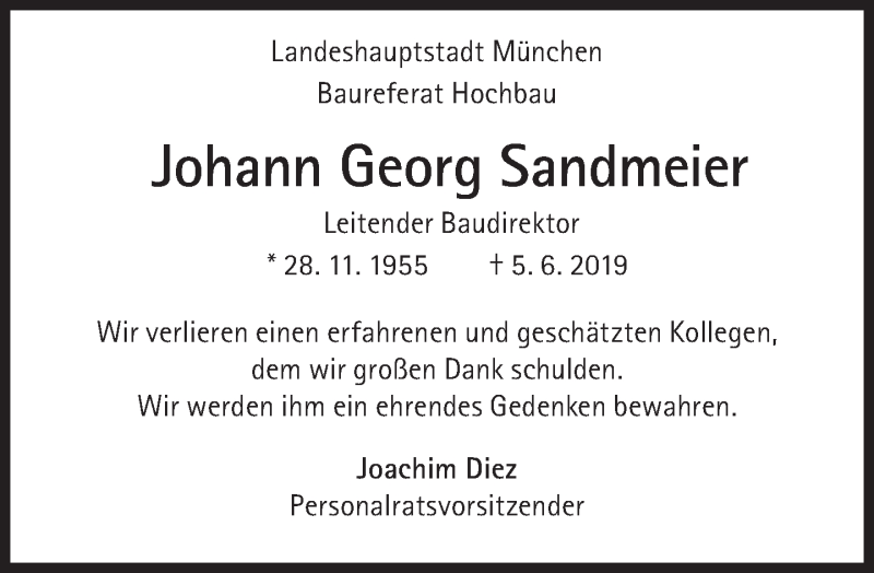  Traueranzeige für Johann Georg Sandmeier vom 08.06.2019 aus Süddeutsche Zeitung
