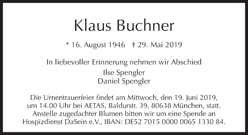  Traueranzeige für Klaus Buchner vom 08.06.2019 aus Süddeutsche Zeitung