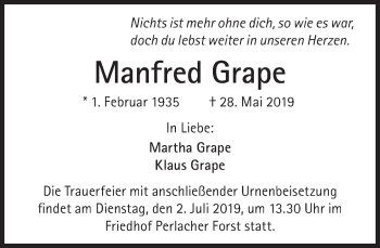 Traueranzeige von Manfred Grape von Süddeutsche Zeitung