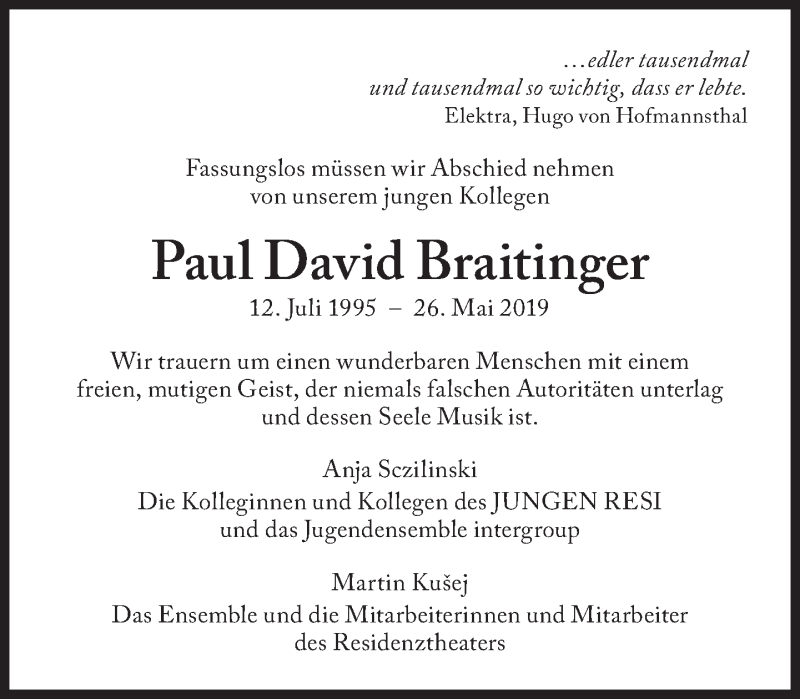  Traueranzeige für Paul David Braitinger vom 07.06.2019 aus Süddeutsche Zeitung