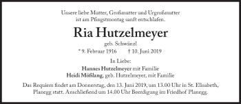 Traueranzeige von Ria Hutzelmeyer von Süddeutsche Zeitung