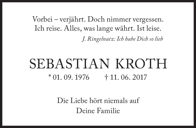  Traueranzeige für Sebastian Kroth vom 11.06.2019 aus Süddeutsche Zeitung